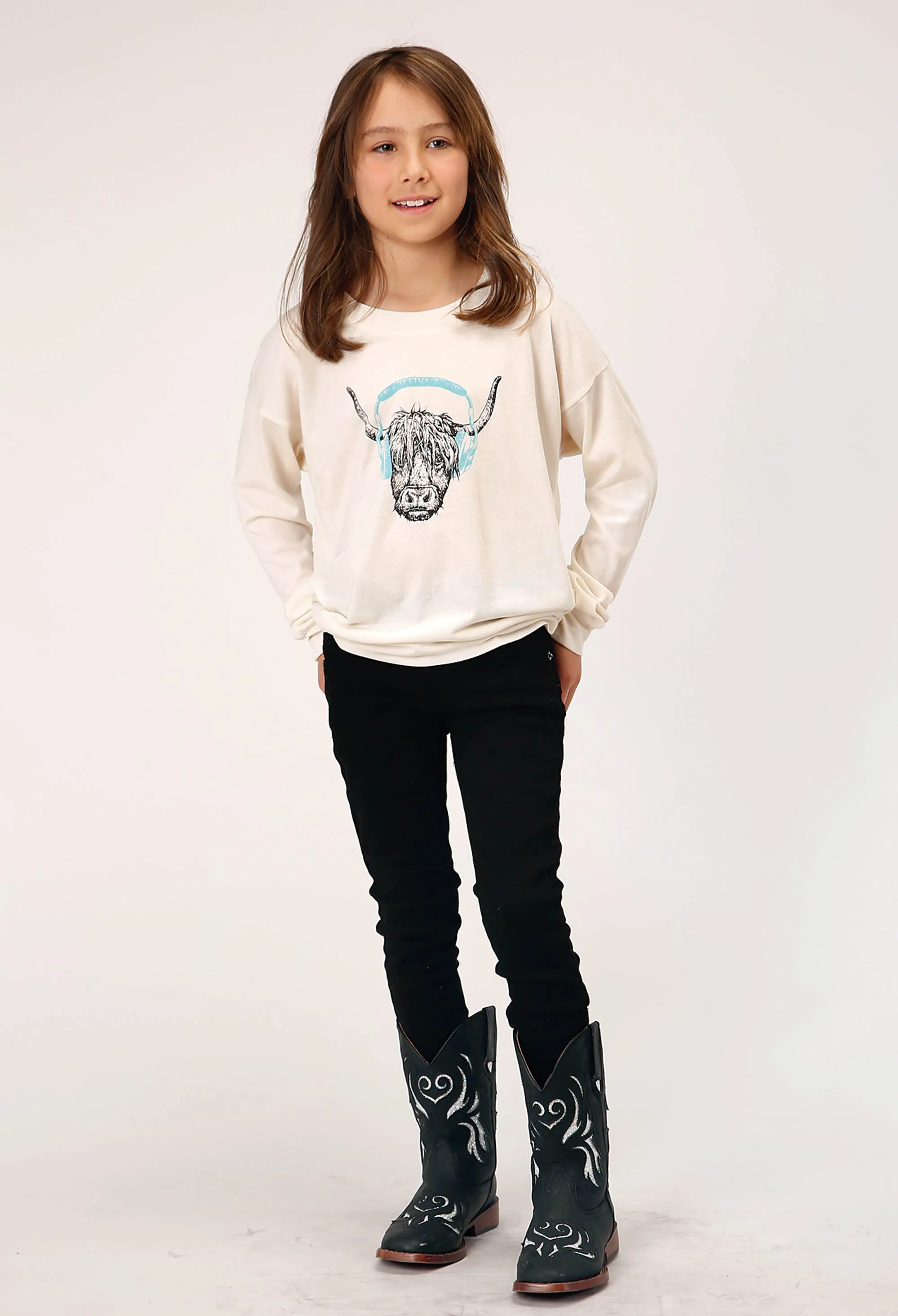 GIRLS LONG SLEEVE KNIT POLY RAYON CREAM BOXY FIT T T-SHIRT