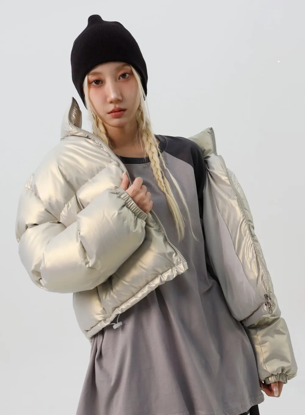 Glossy Cropped Puffer Jacket IS307