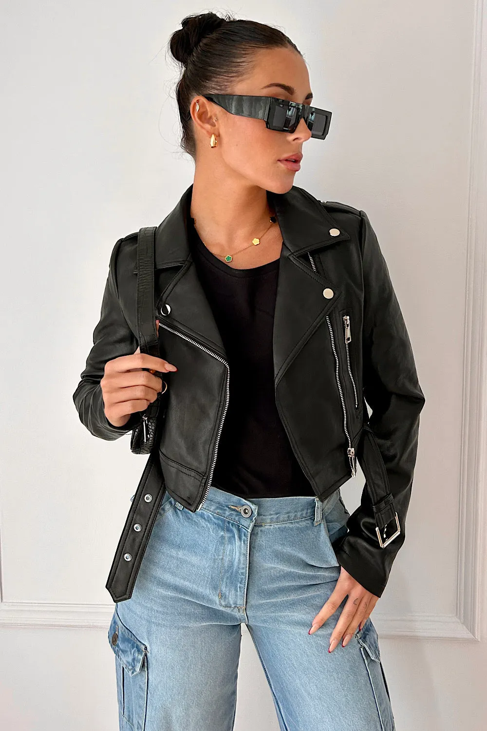 Grace Black Leather Cropped Jacket