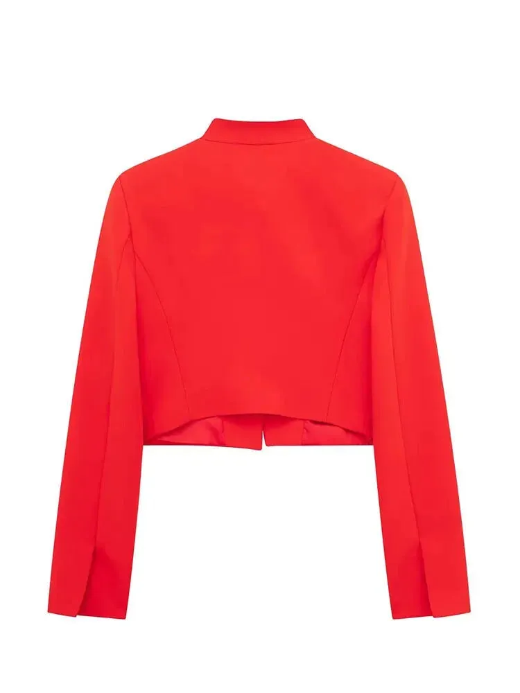 High-Neck Red Cropped Blazer – Tailored Women’s Jacket