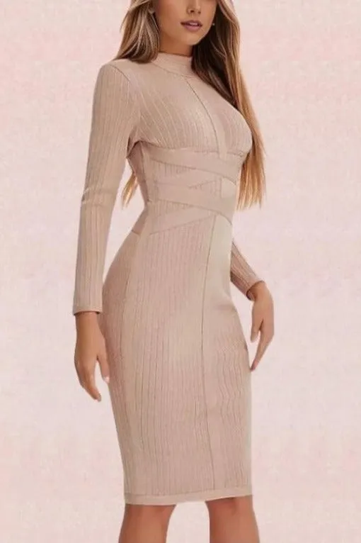 Jane Long Sleeve Bodycon Midi Dress - Nude