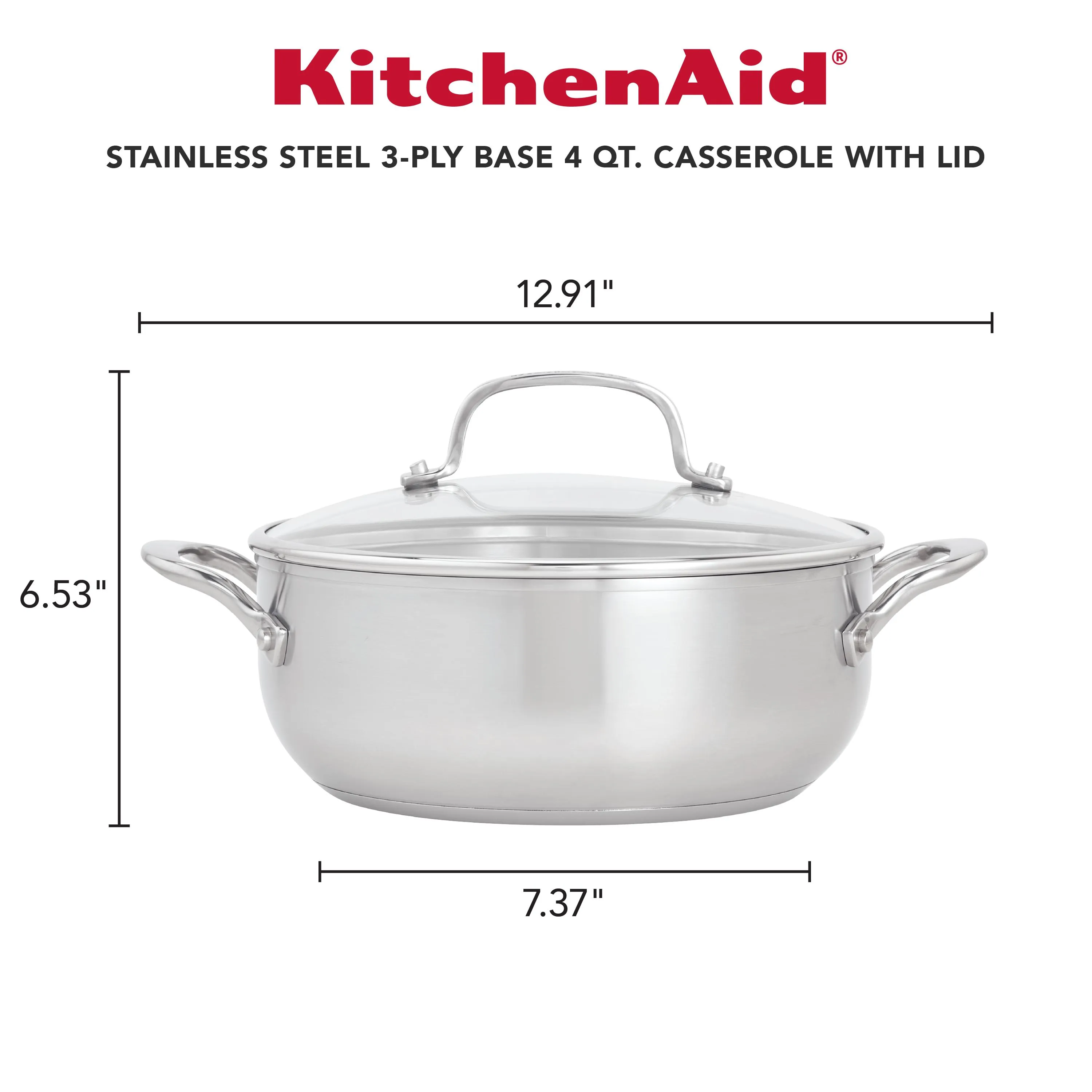 KitchenAid 3-Ply Base Stainless Steel Casserole with Lid, 4-Quart, Brushed Stainless Steel