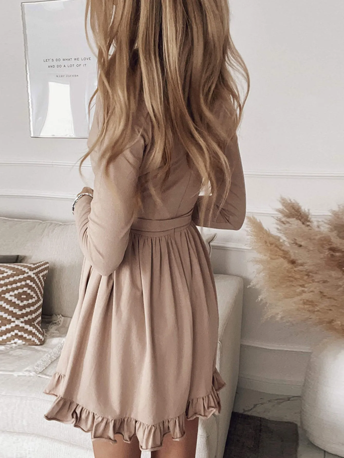 KittenAlarm - Solid color long sleeves flounces V neck Dress