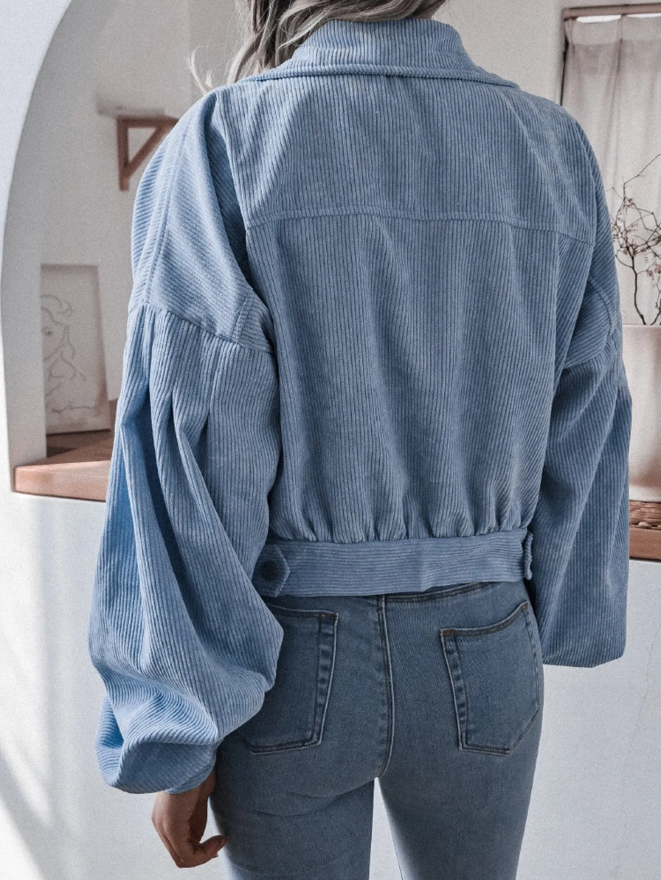 Lantern Sleeve Cropped Corduroy Jacket