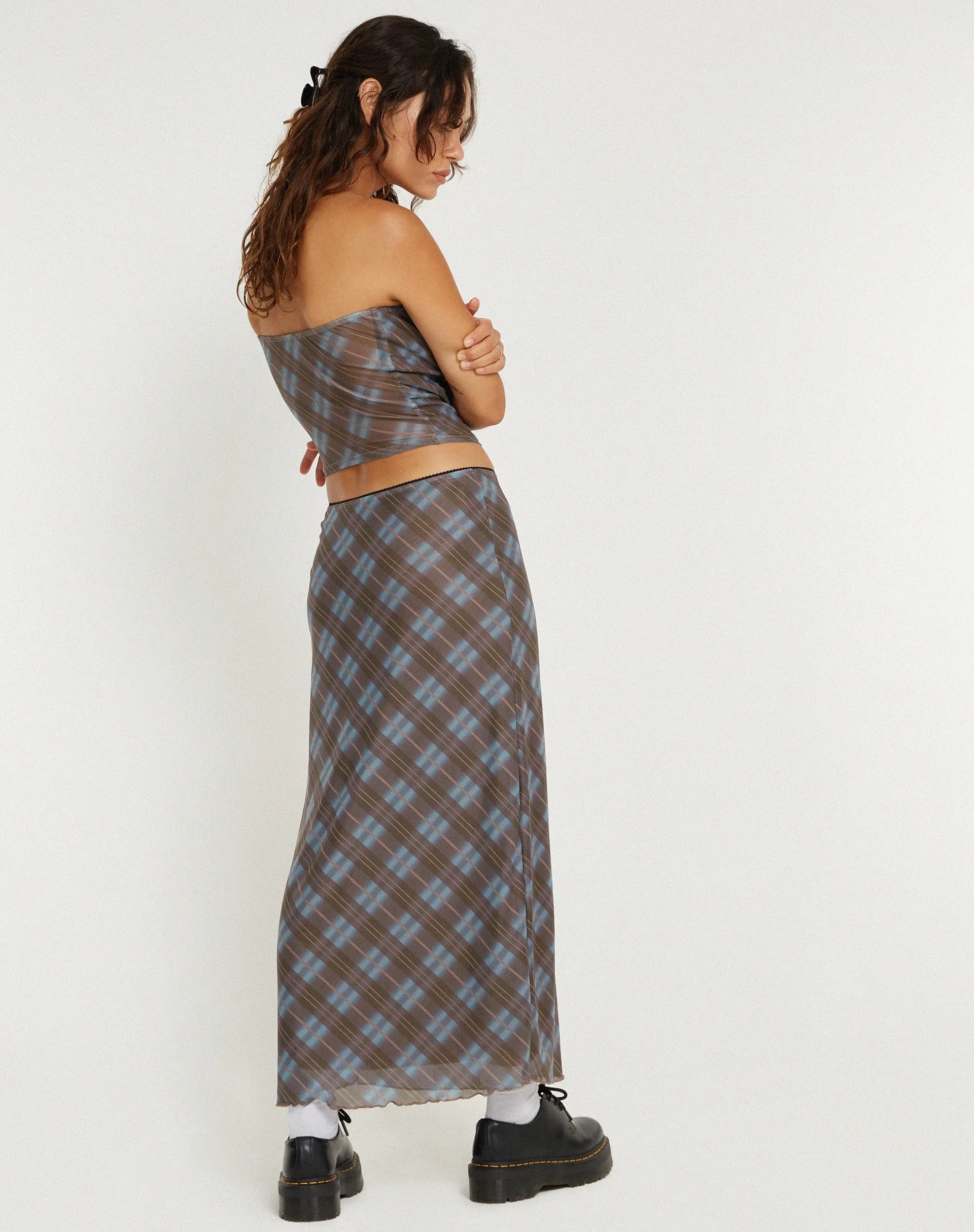 Lassie Midi Skirt in Green Blurred Check Dark Olive