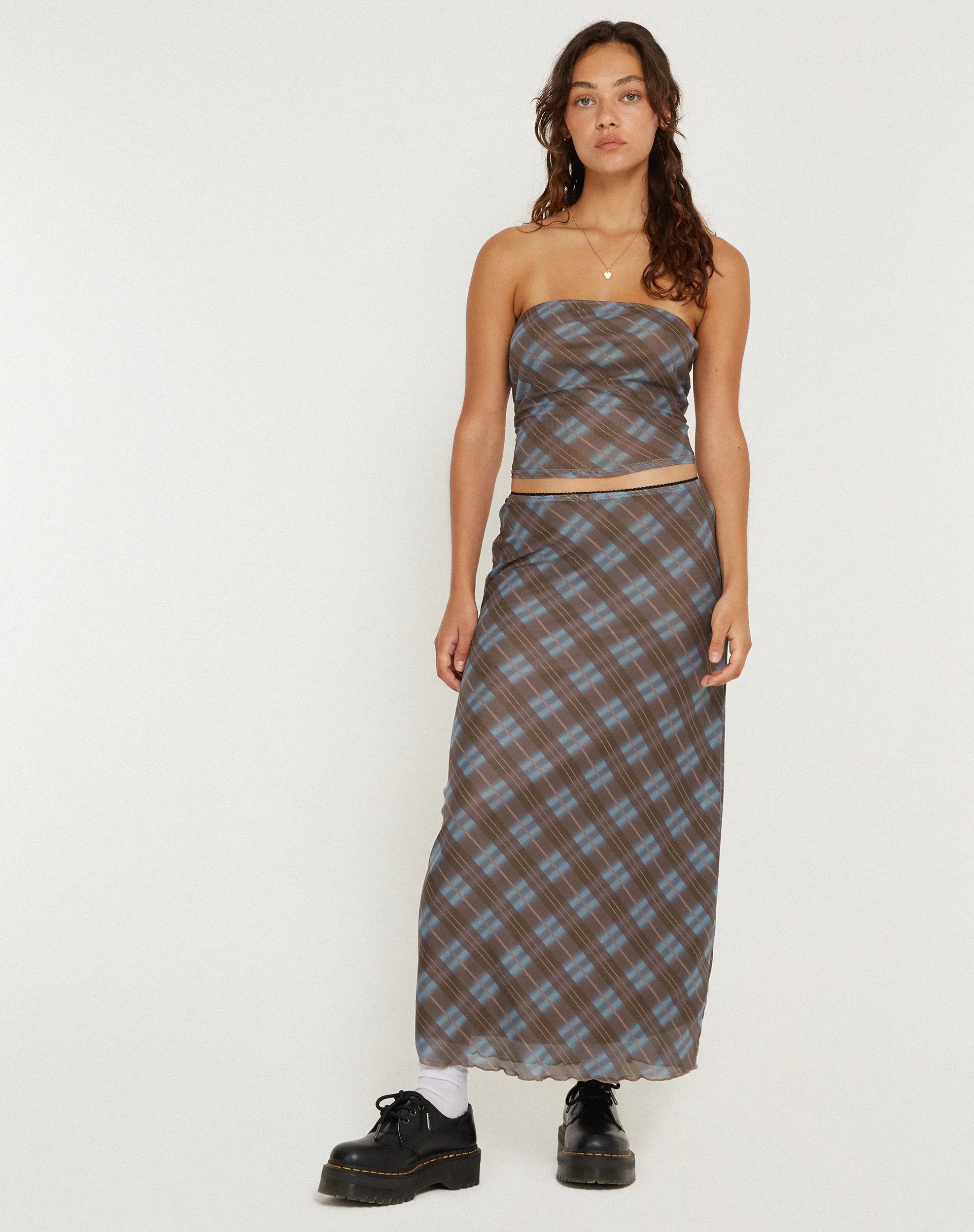 Lassie Midi Skirt in Green Blurred Check Dark Olive