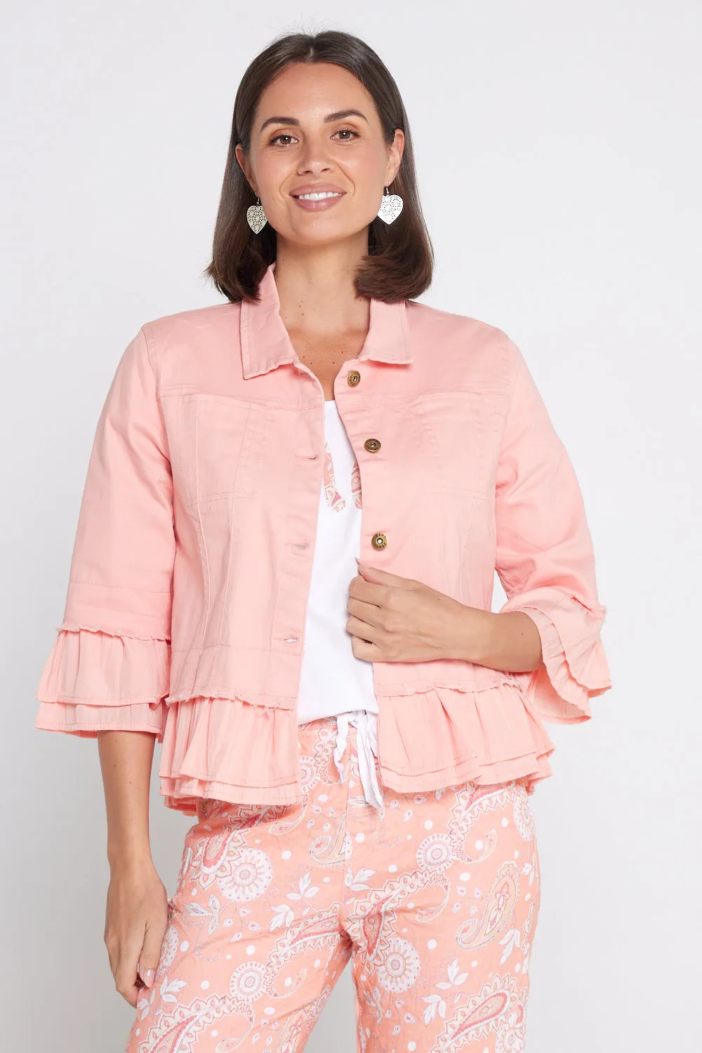 Leelah Cropped Ruffle Denim Jacket - Peach