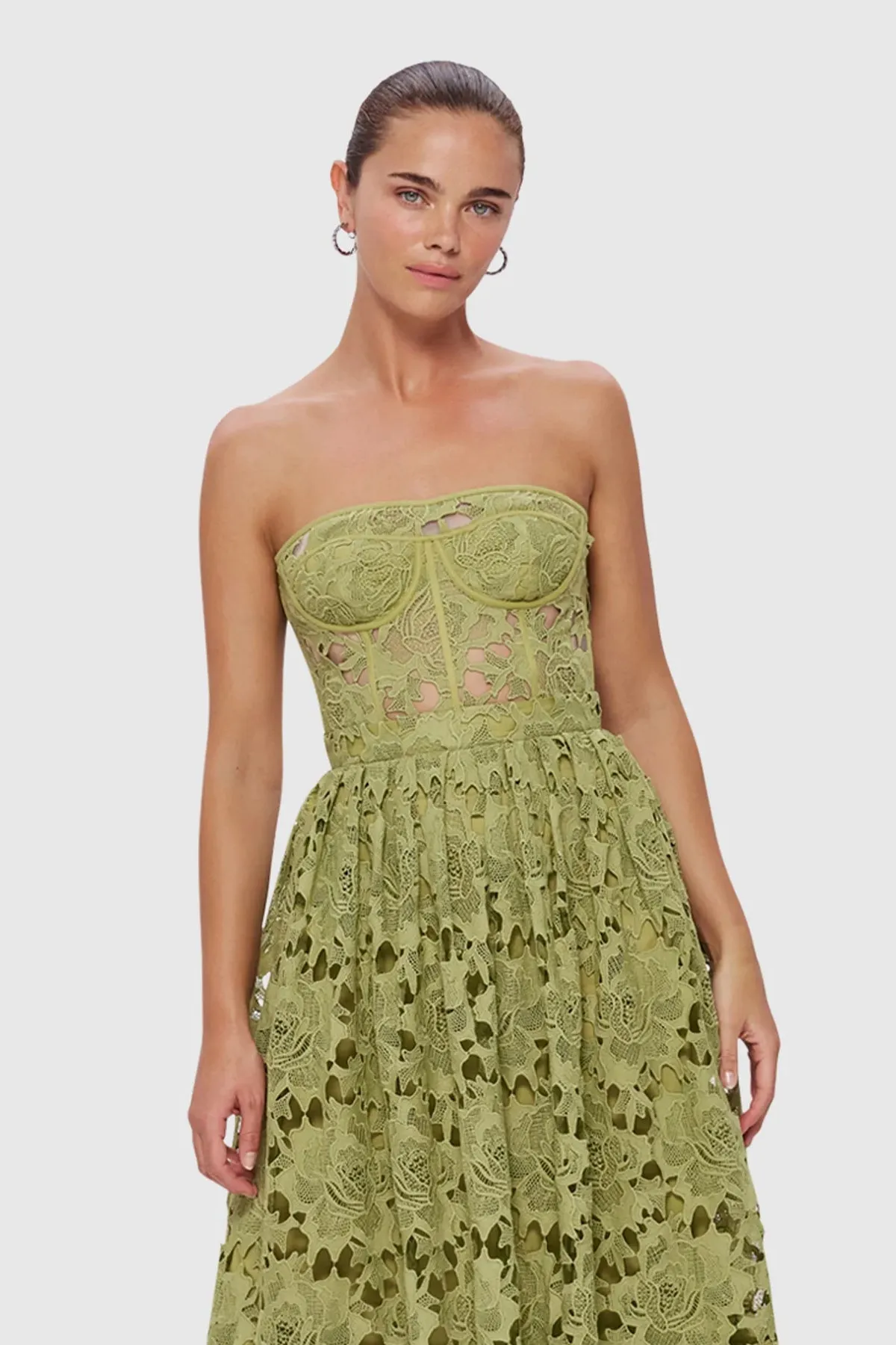 Leo Lin Emilia Lace Bustier Midi Dress - Olive