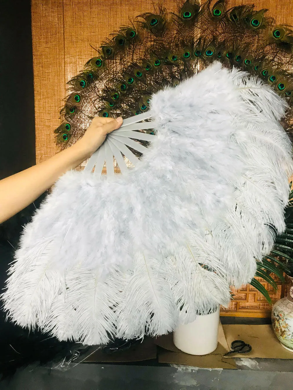 light grey Marabou Ostrich Feather fan 21"x 38"