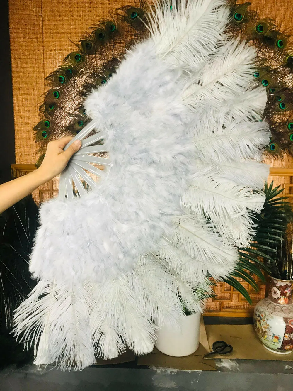 light grey Marabou Ostrich Feather fan 21"x 38"