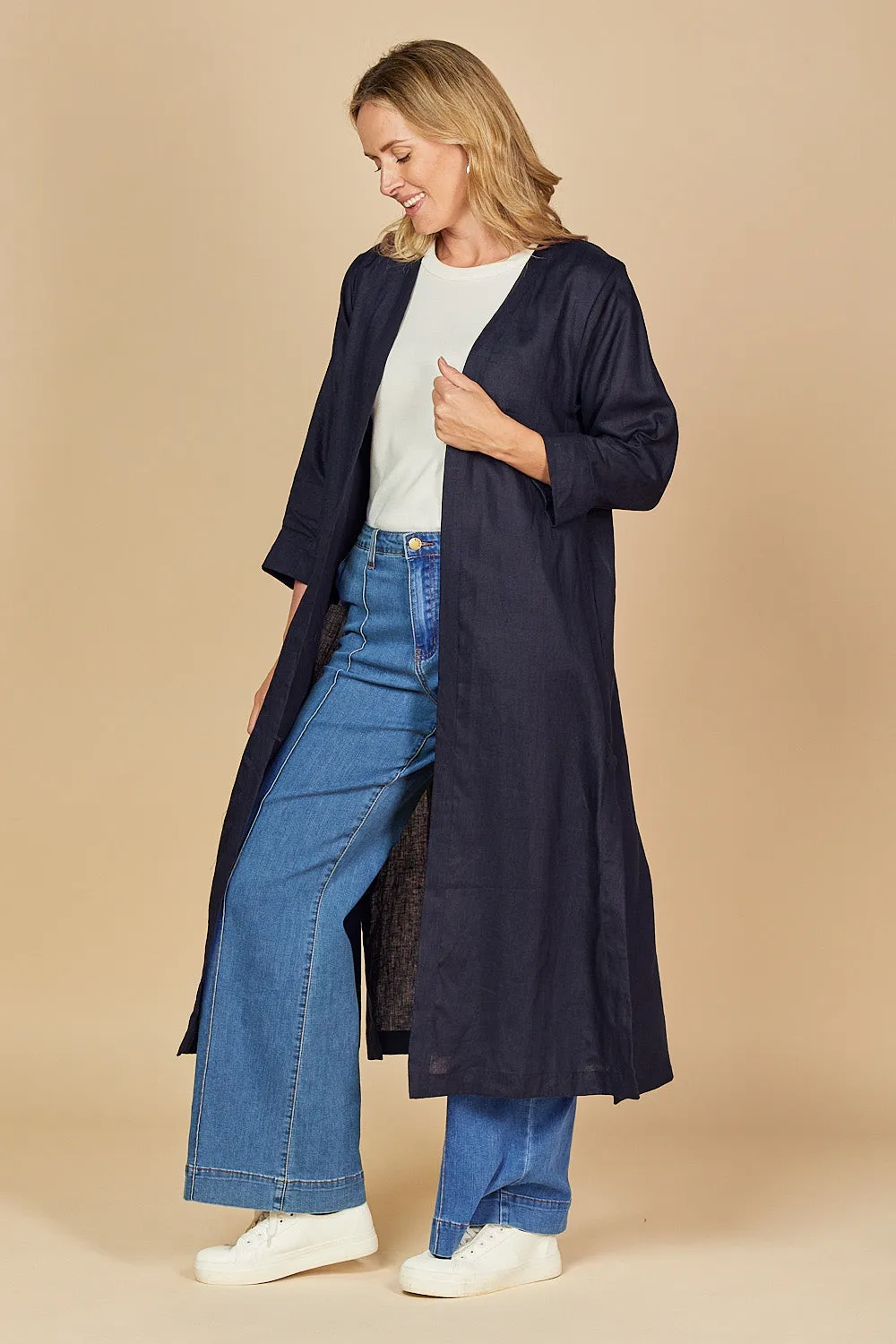 Long Line Linen Duster Jacket in Navy