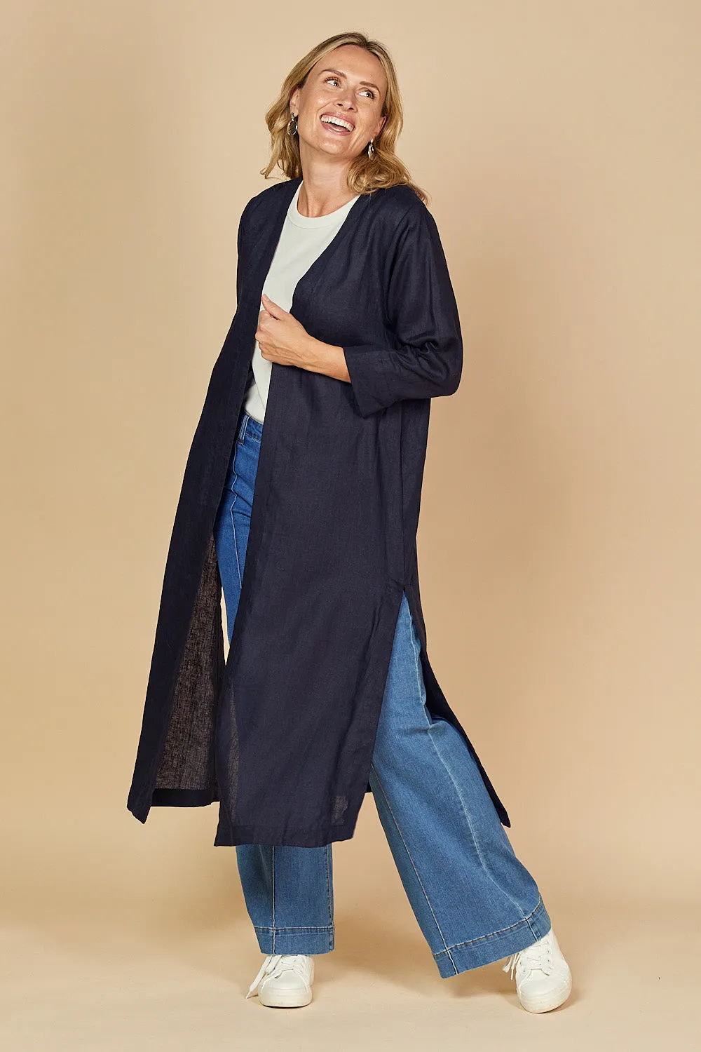 Long Line Linen Duster Jacket in Navy