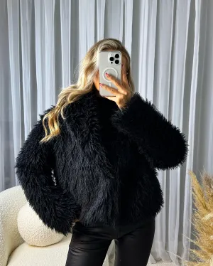 Lottie Faux Fur Short Button Coat - Black