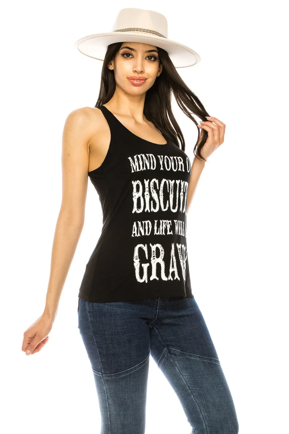 MIND YOUR OWN BISCUITS AND LIFE WILL BE GRAVY TANK TOP