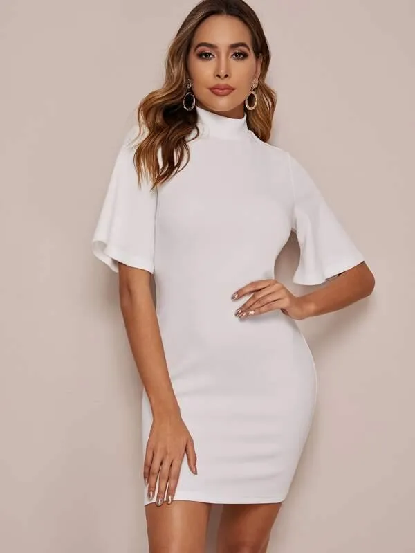 Mock-Neck Flounce Sleeve Bodycon Dress