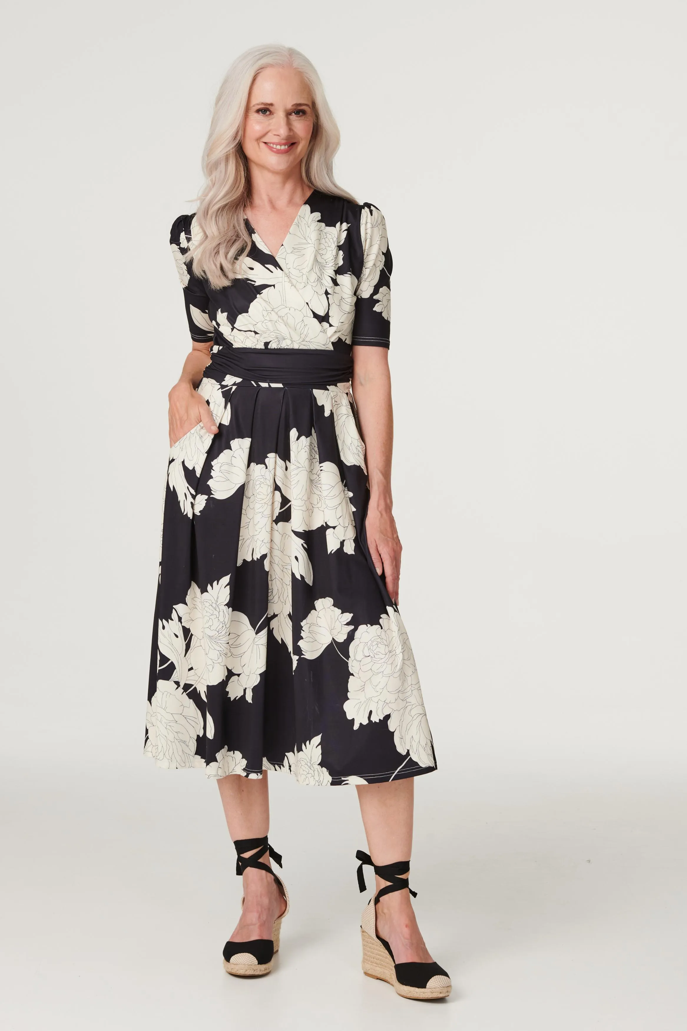 Monochrome Floral Ruched Waist Dress