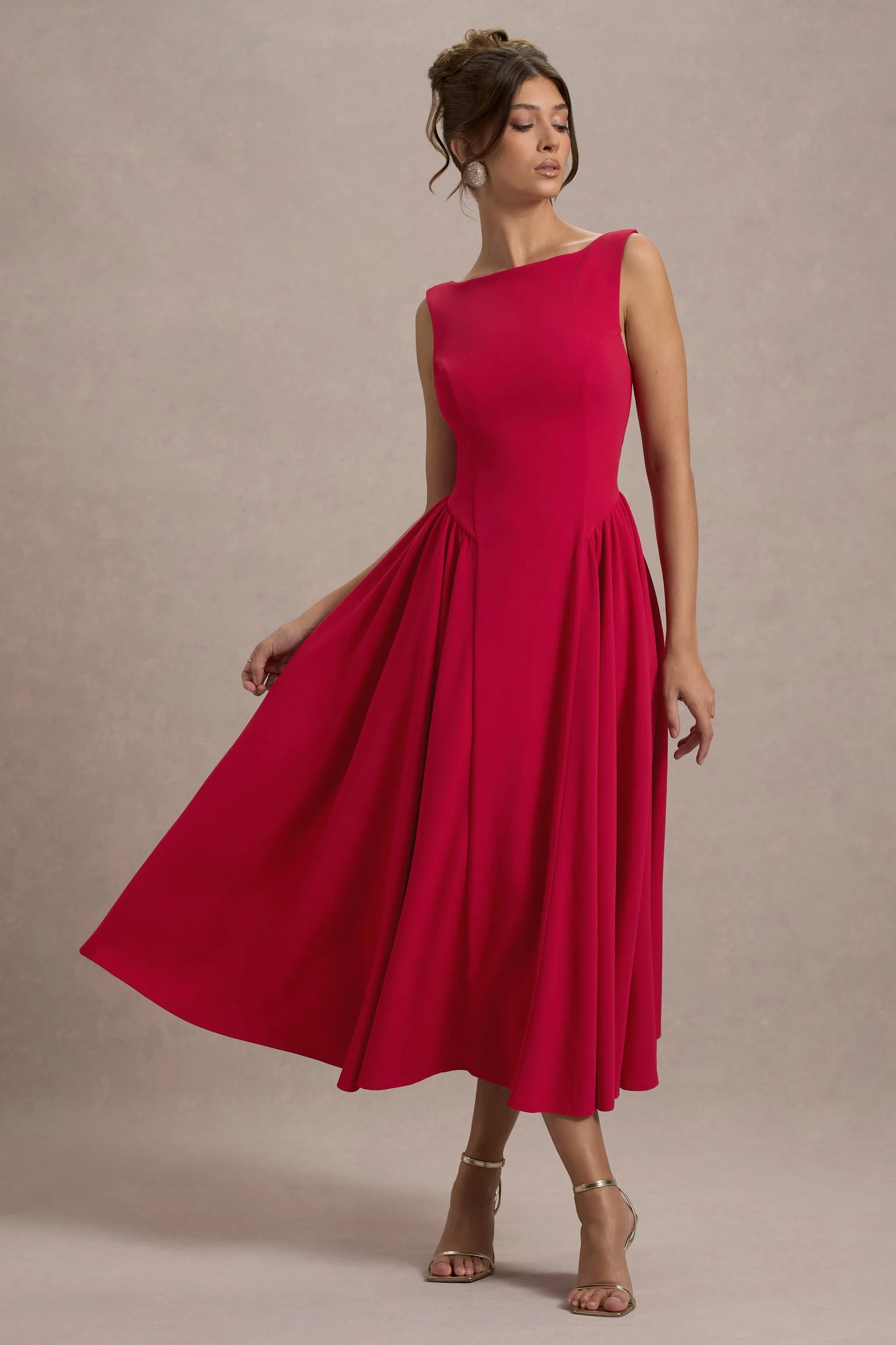 Muriel | Red Boat-Neck Volume-Hem Midi Dress