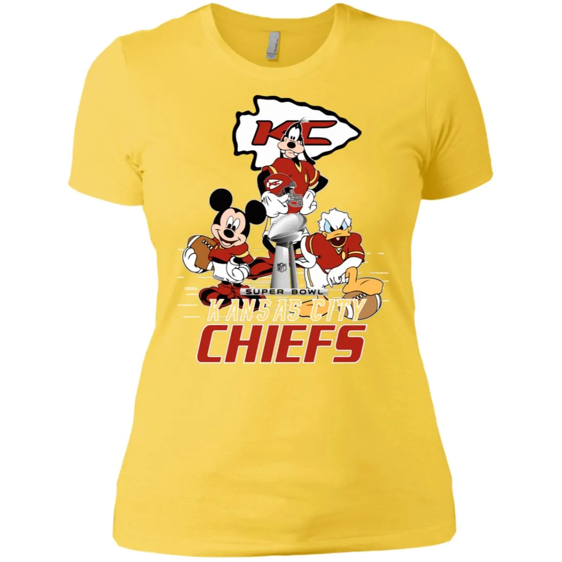 Nfl – Kansas City Chiefs Donald Duck Goofy Mickey Mouse Super Bowl 2019 Football Women Cotton T-Shirt