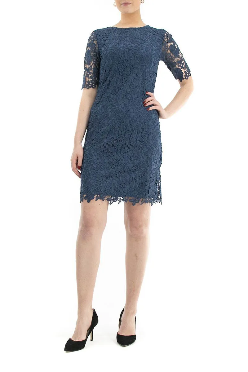 Nina Leonard Crew Neck Short Sleeve Bodycon Zipper Back Floral Lace Dress