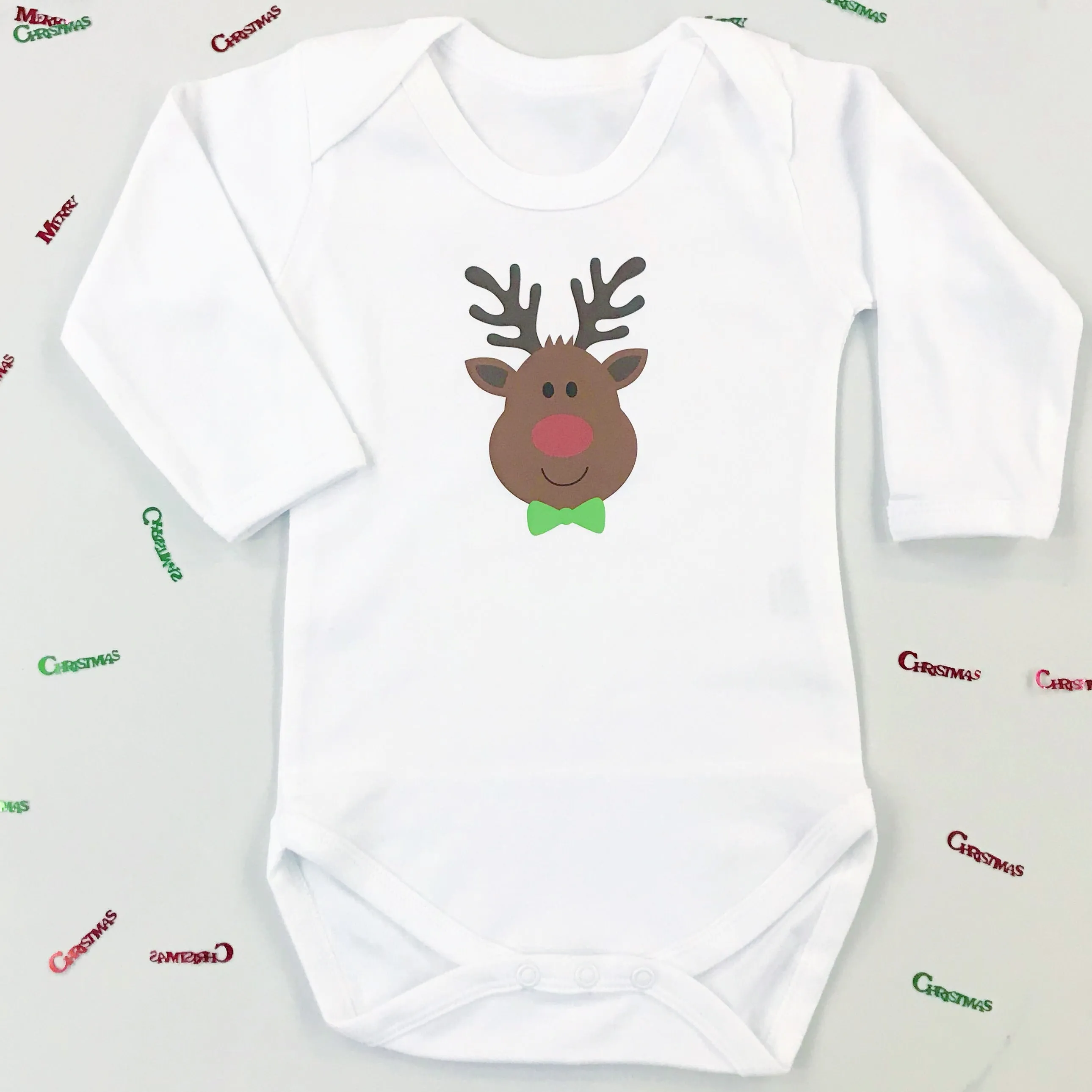 Personalised First Christmas Rudolph Baby Grow or T shirt for Boys