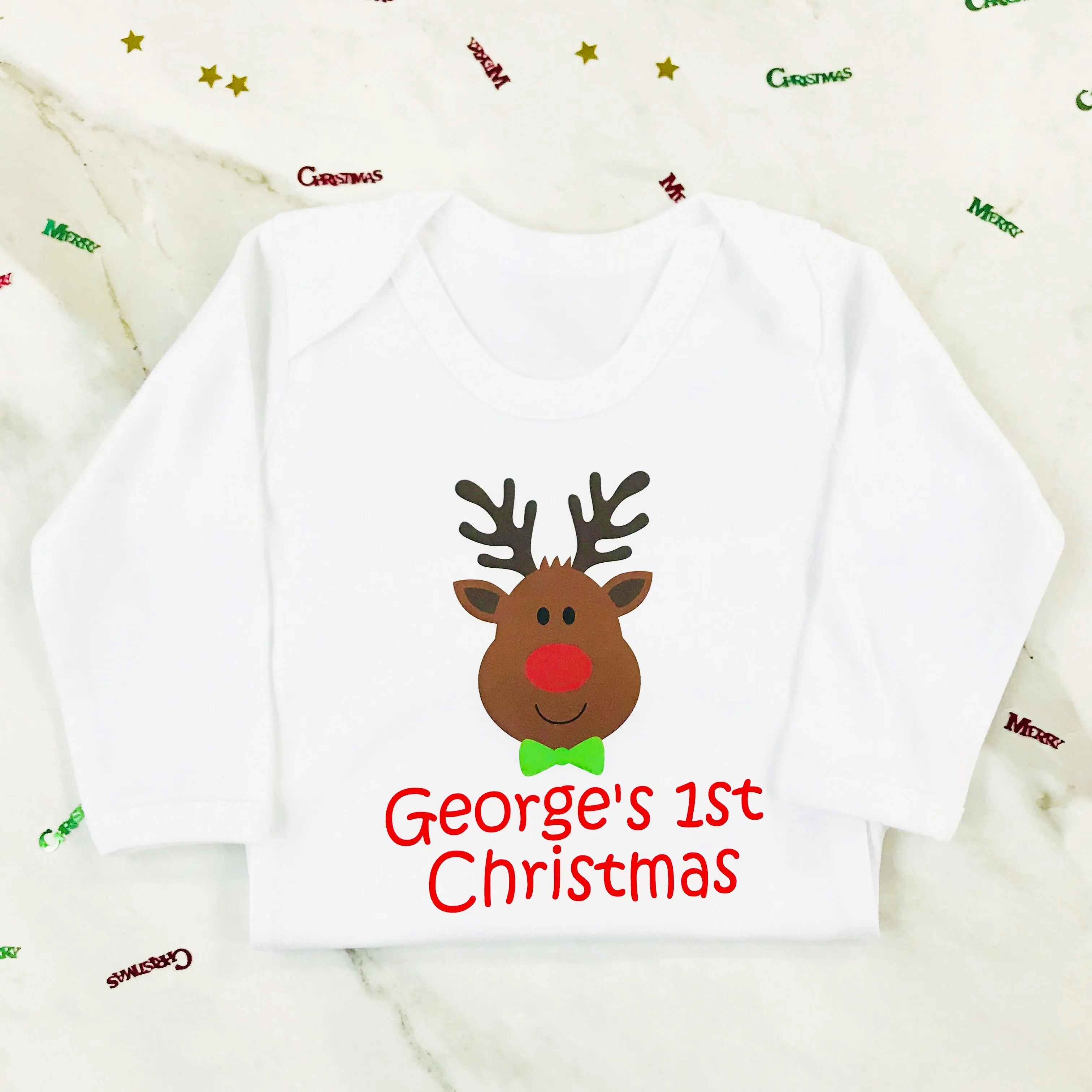 Personalised First Christmas Rudolph Baby Grow or T shirt for Boys