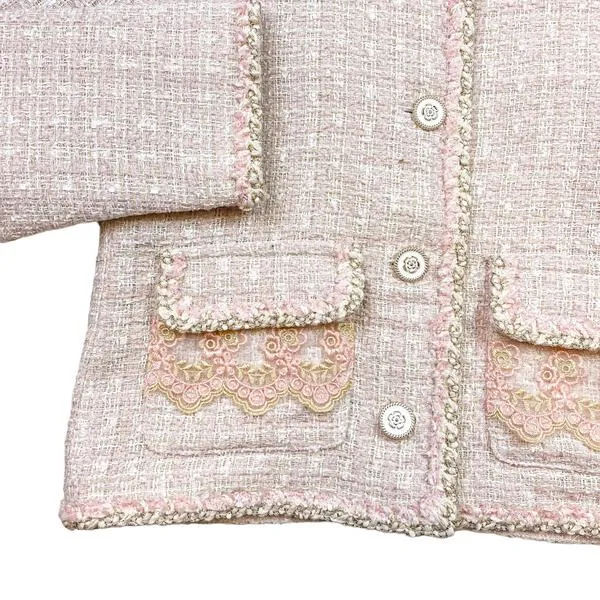 Pink Floral Lace Trim Tweed Jacket