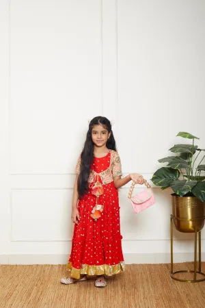 Pre Order: Red Crinkle Anarkali with Jacket