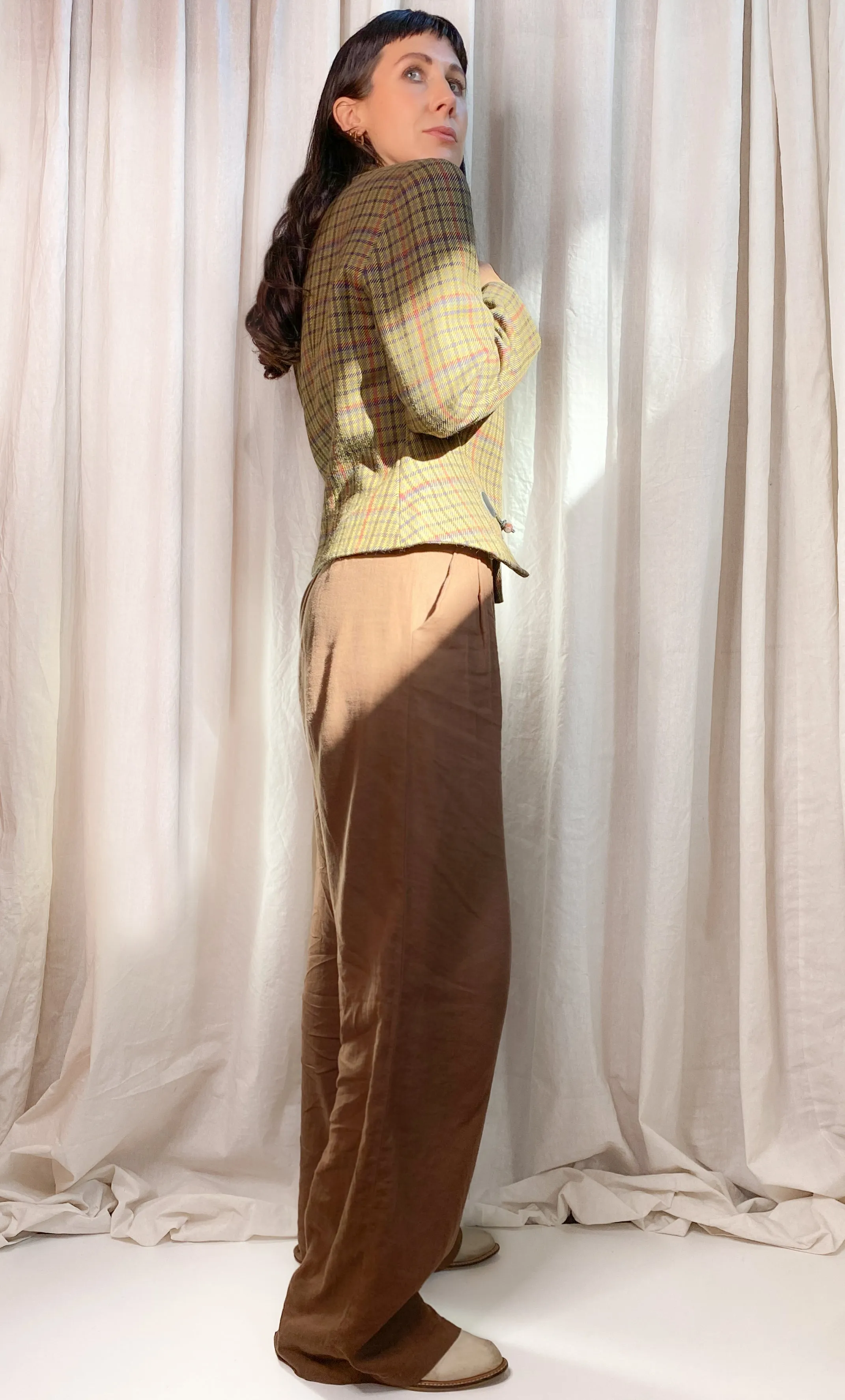 PURE WOOL VINTAGE PLAID CROPPED JACKET [ Olive Green, Size Small ]