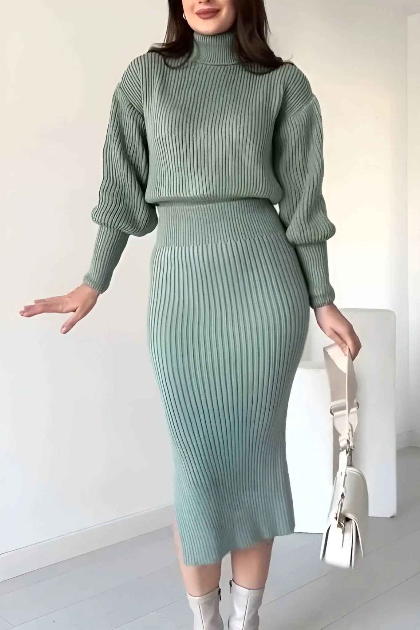 Ribbed Knit Two Piece Sweater And Skirt Set