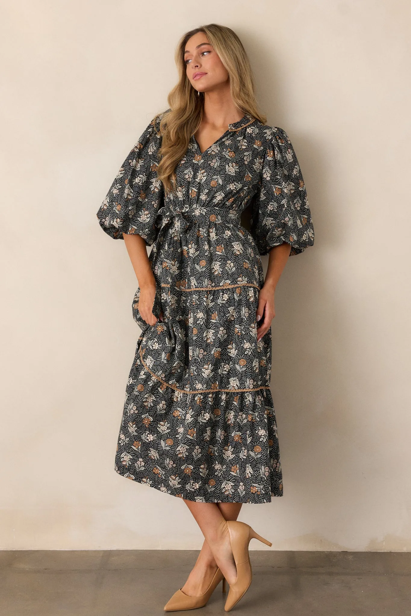 Rustic Allure 100% Cotton Black Floral Midi Dress