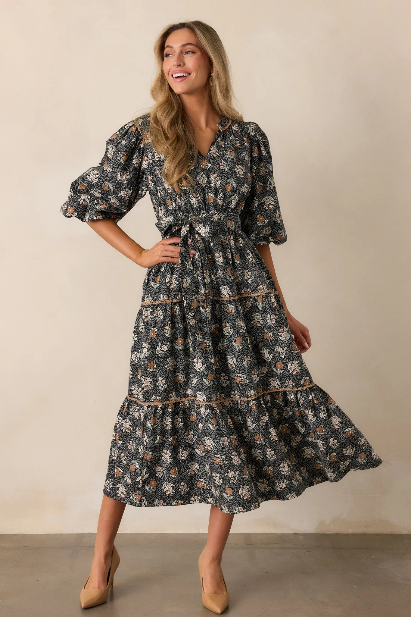 Rustic Allure 100% Cotton Black Floral Midi Dress