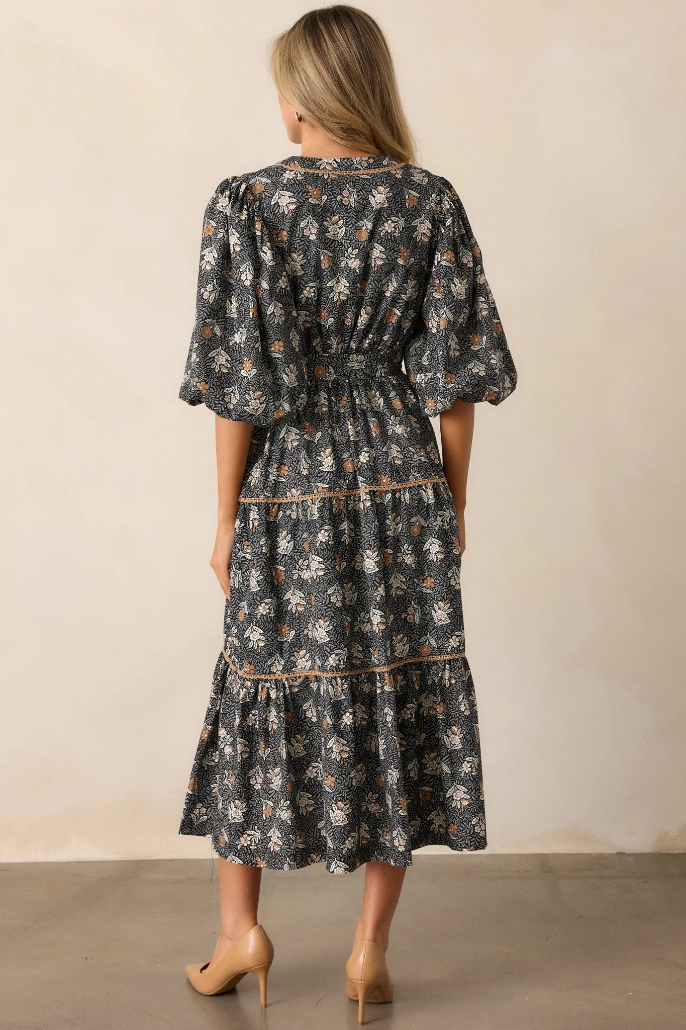 Rustic Allure 100% Cotton Black Floral Midi Dress