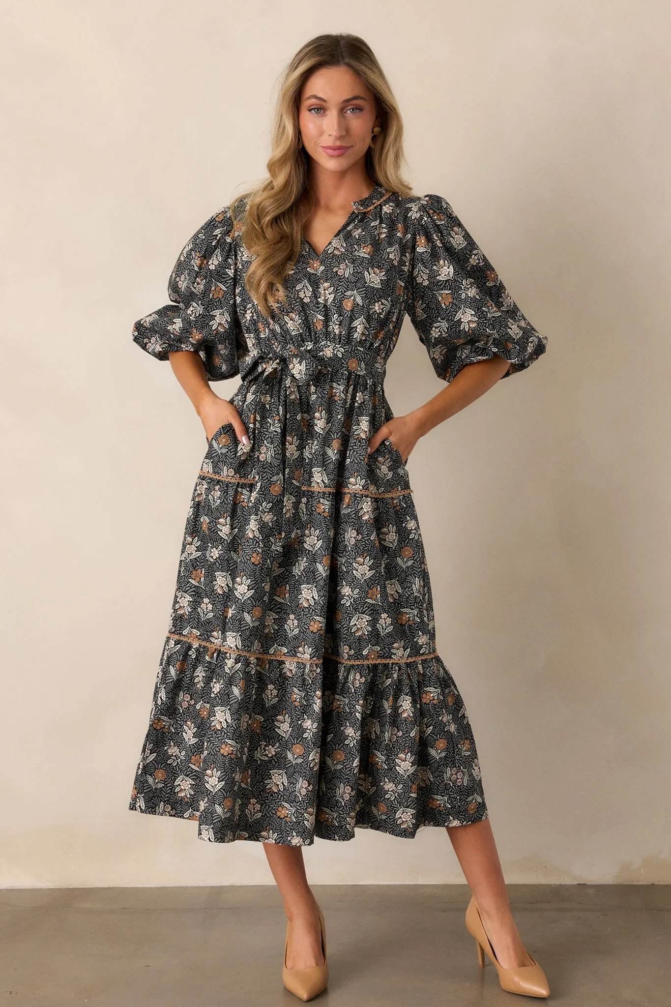 Rustic Allure 100% Cotton Black Floral Midi Dress