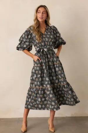 Rustic Allure 100% Cotton Black Floral Midi Dress