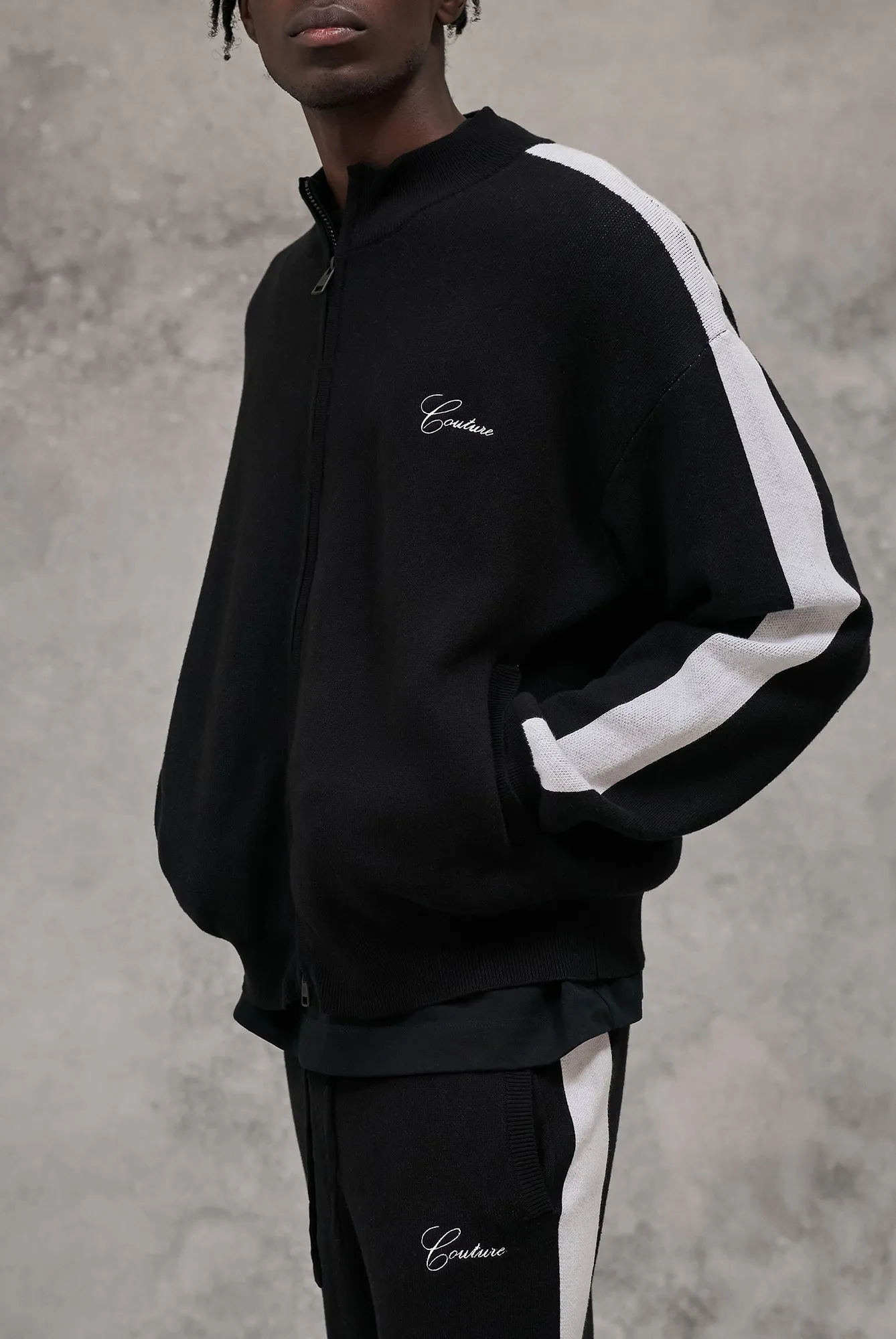 SIDE STRIPE KNITTED TRACK JACKET - BLACK