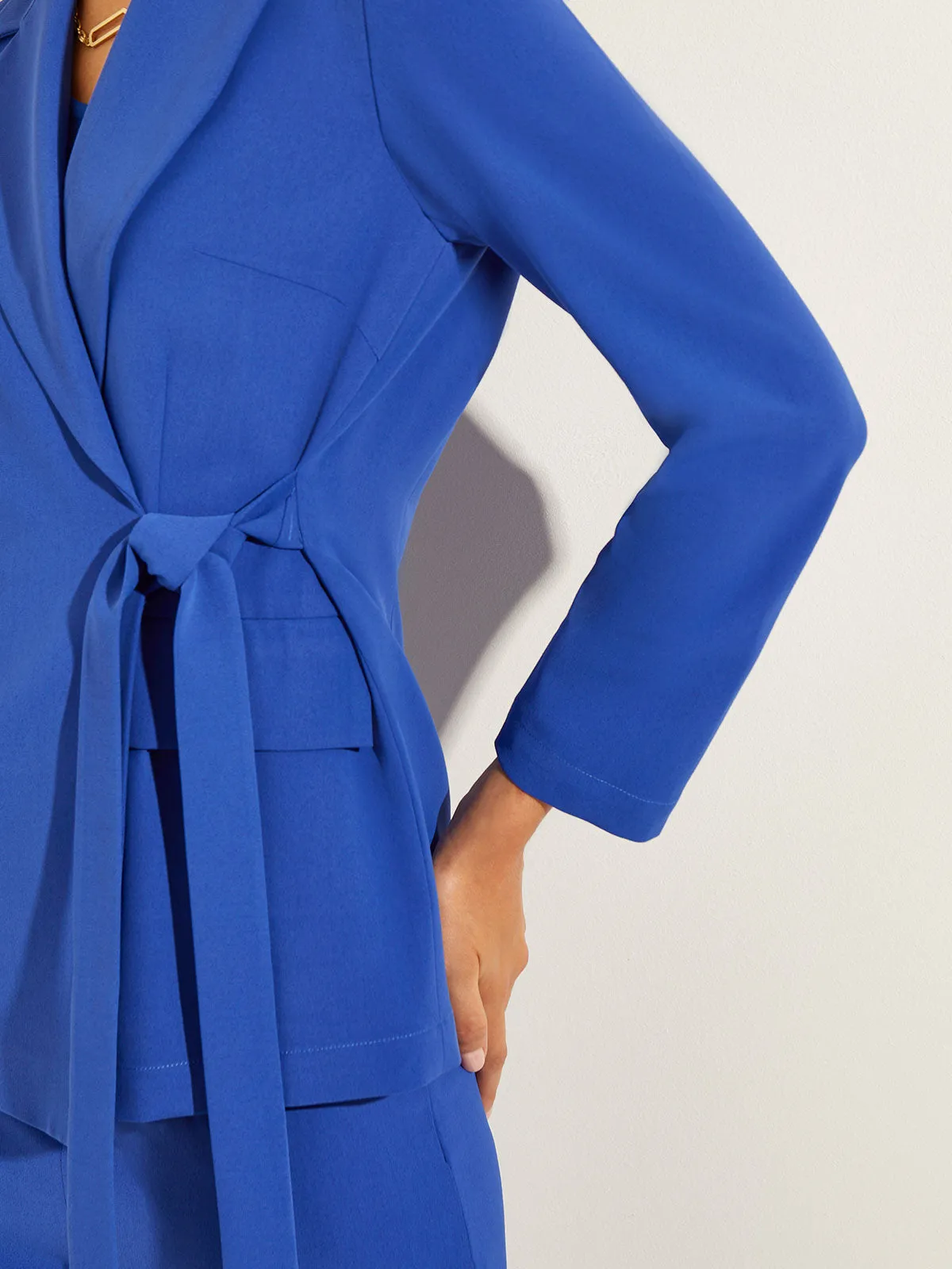 Side Tie Tailored Wrap Crepe de Chine Blazer, Satin Sky