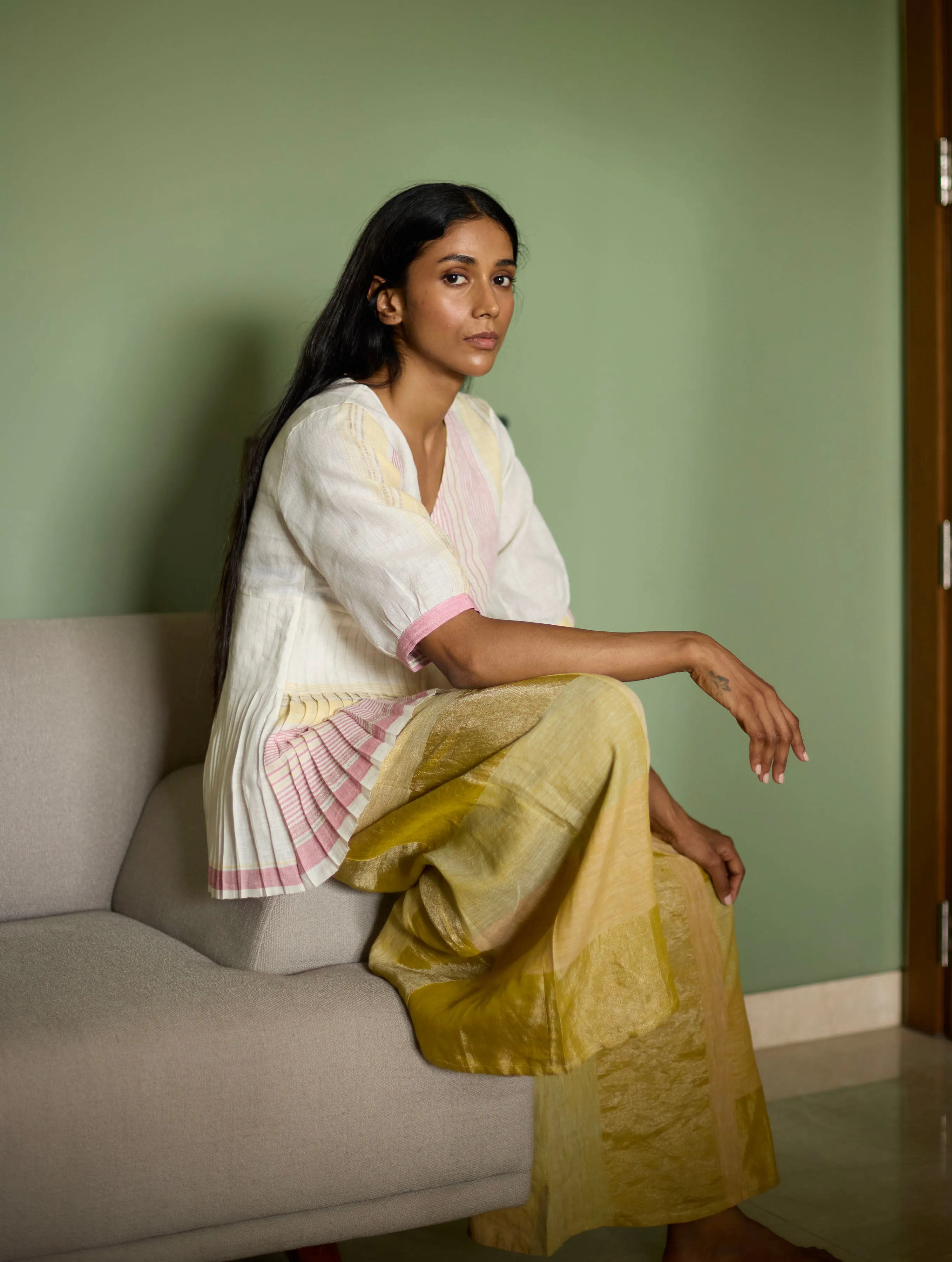 Simer Ivory Pleated Top with Mango Metallic Pants