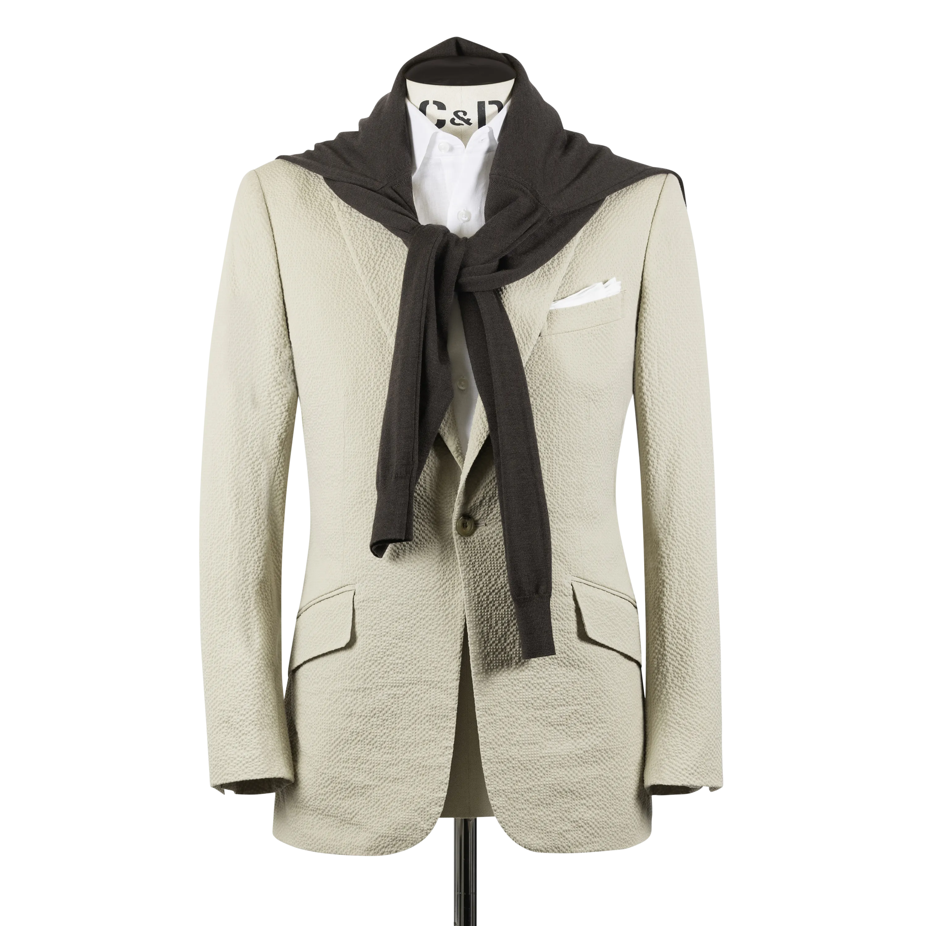 Single Breasted Notch Lapel Suit in Cream Seersucker