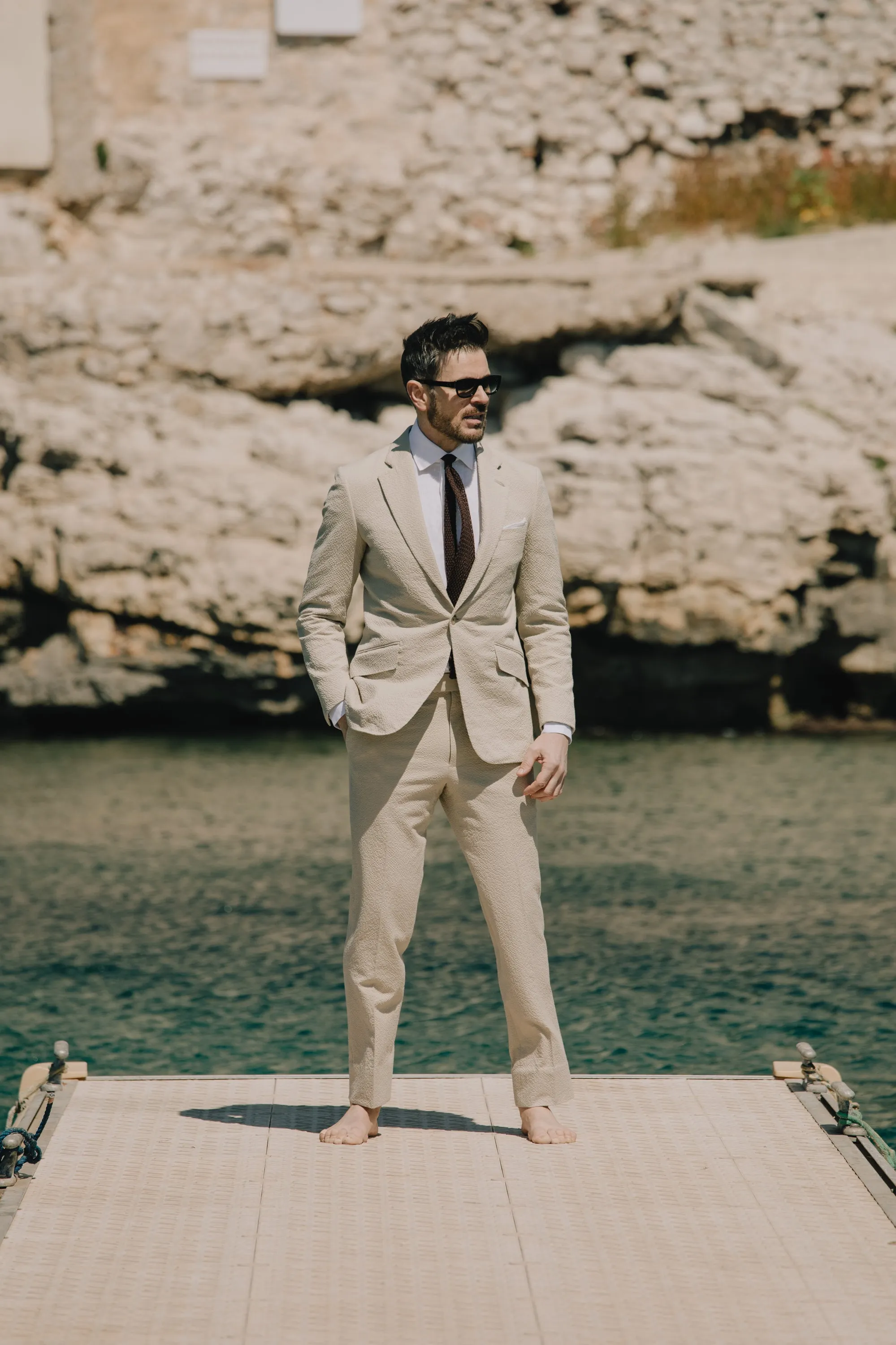 Single Breasted Notch Lapel Suit in Cream Seersucker