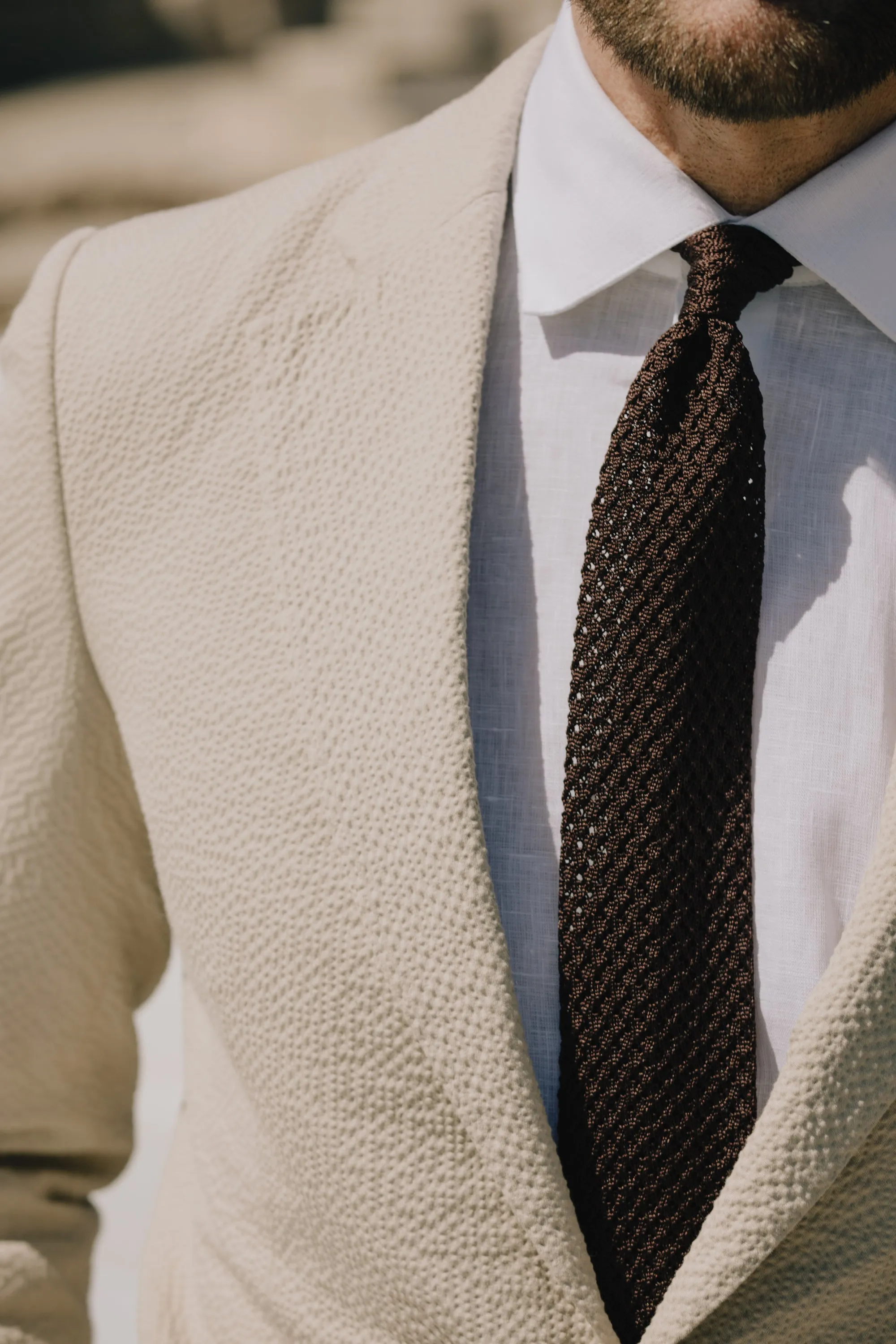 Single Breasted Notch Lapel Suit in Cream Seersucker