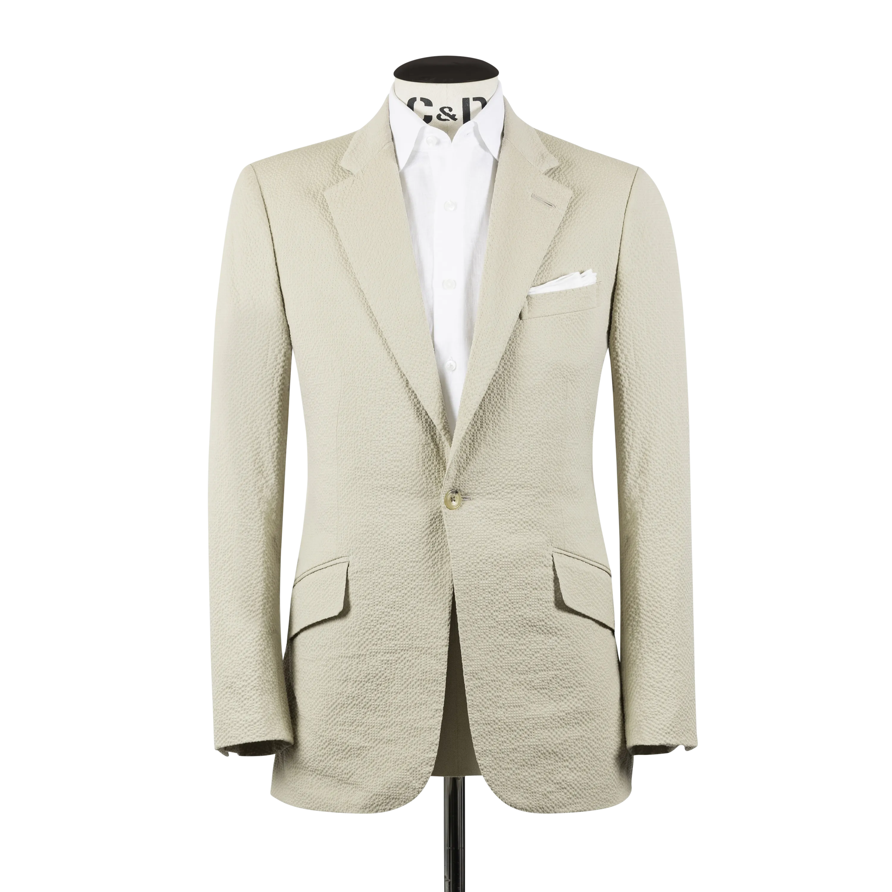 Single Breasted Notch Lapel Suit in Cream Seersucker