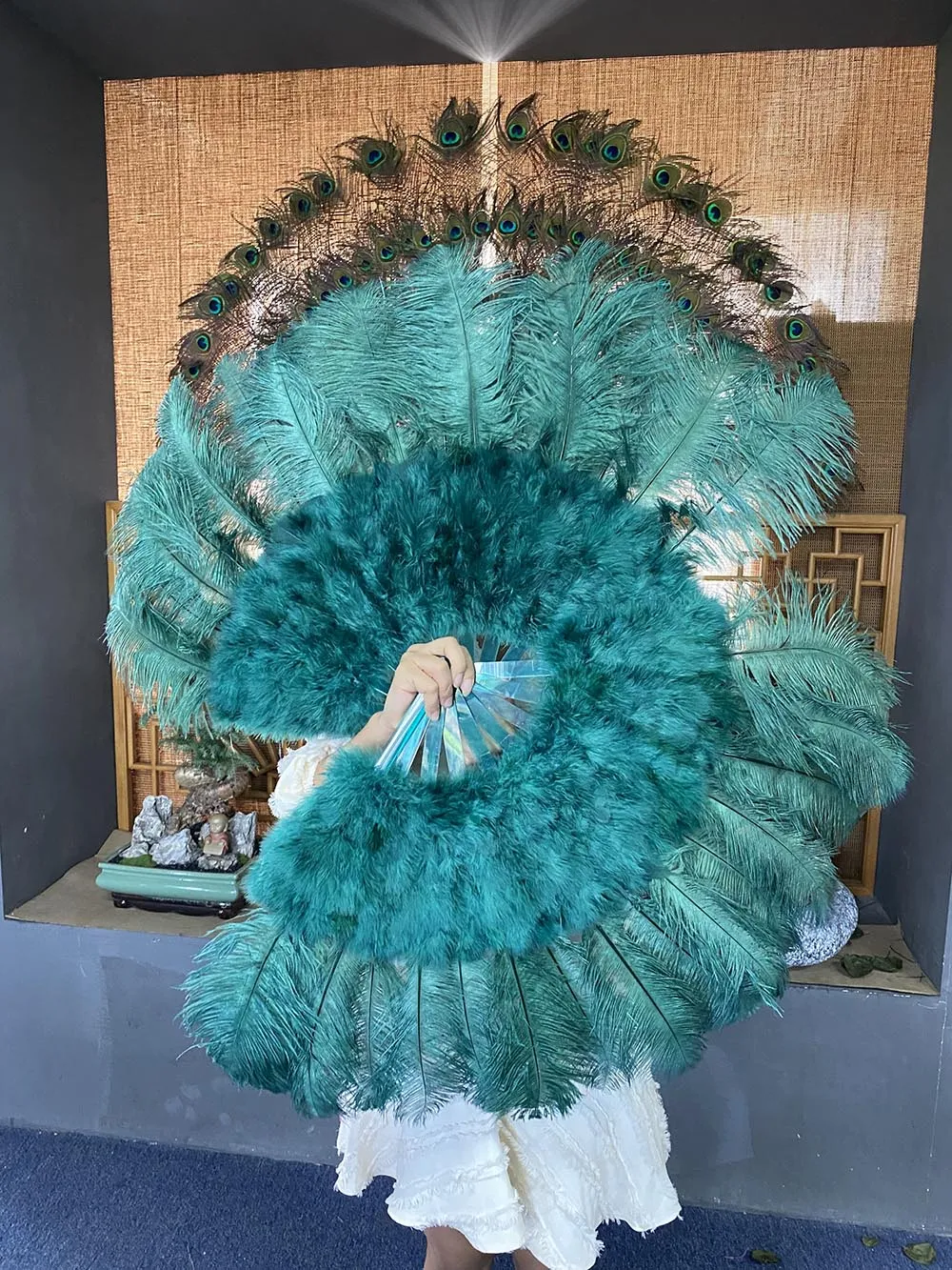 Teal Marabou Ostrich Feather fan 21"x 38"