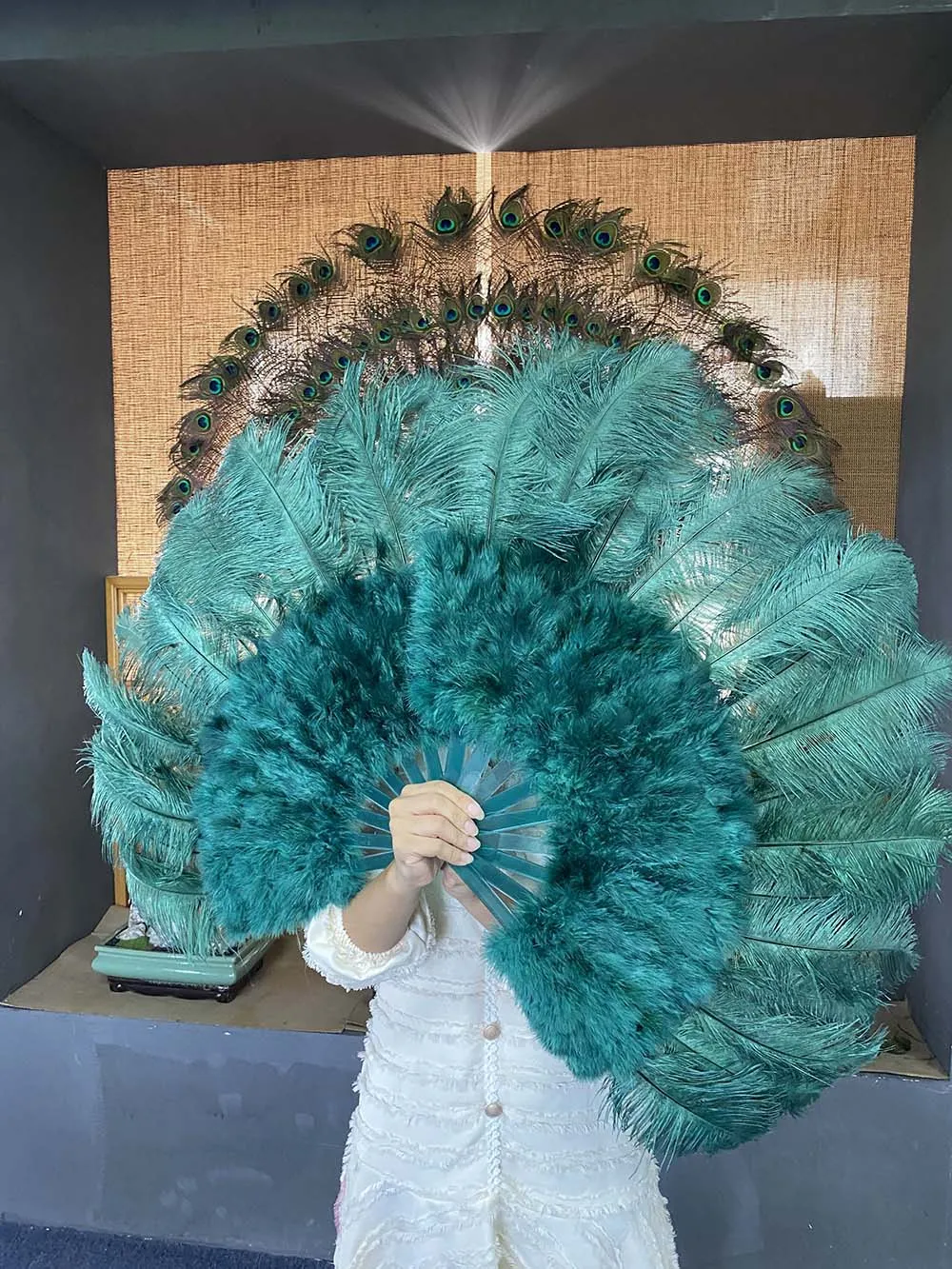 Teal Marabou Ostrich Feather fan 21"x 38"