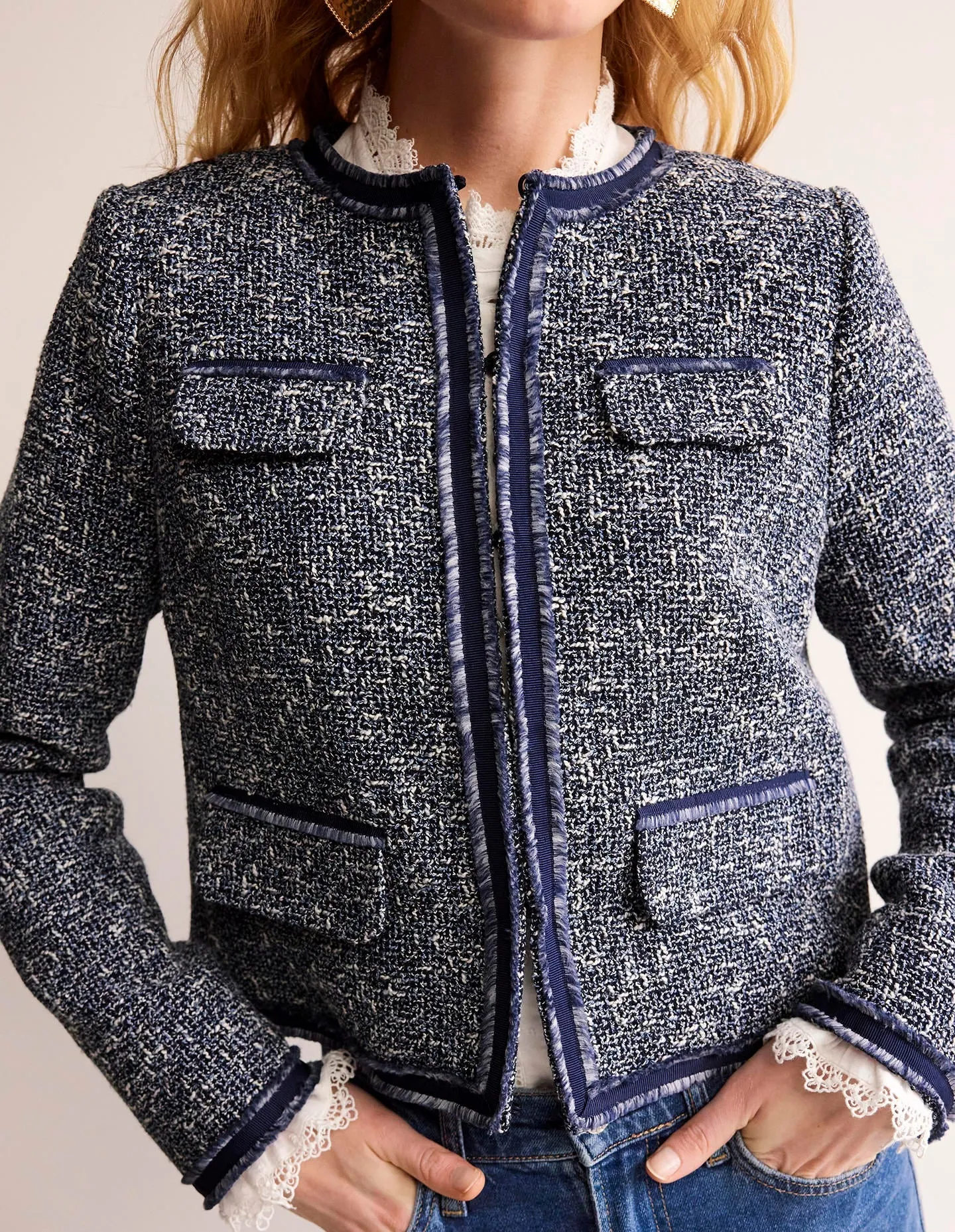 Textured Interest Crop Jacket-Navy