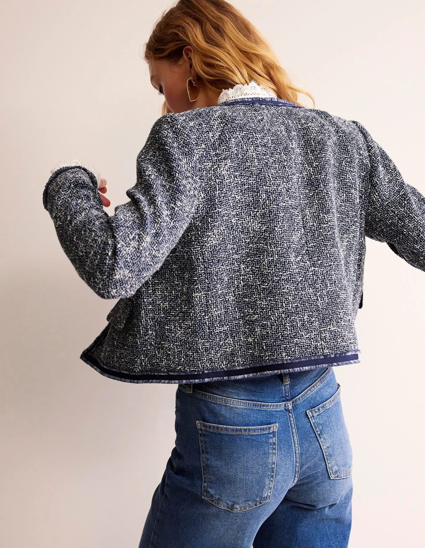 Textured Interest Crop Jacket-Navy