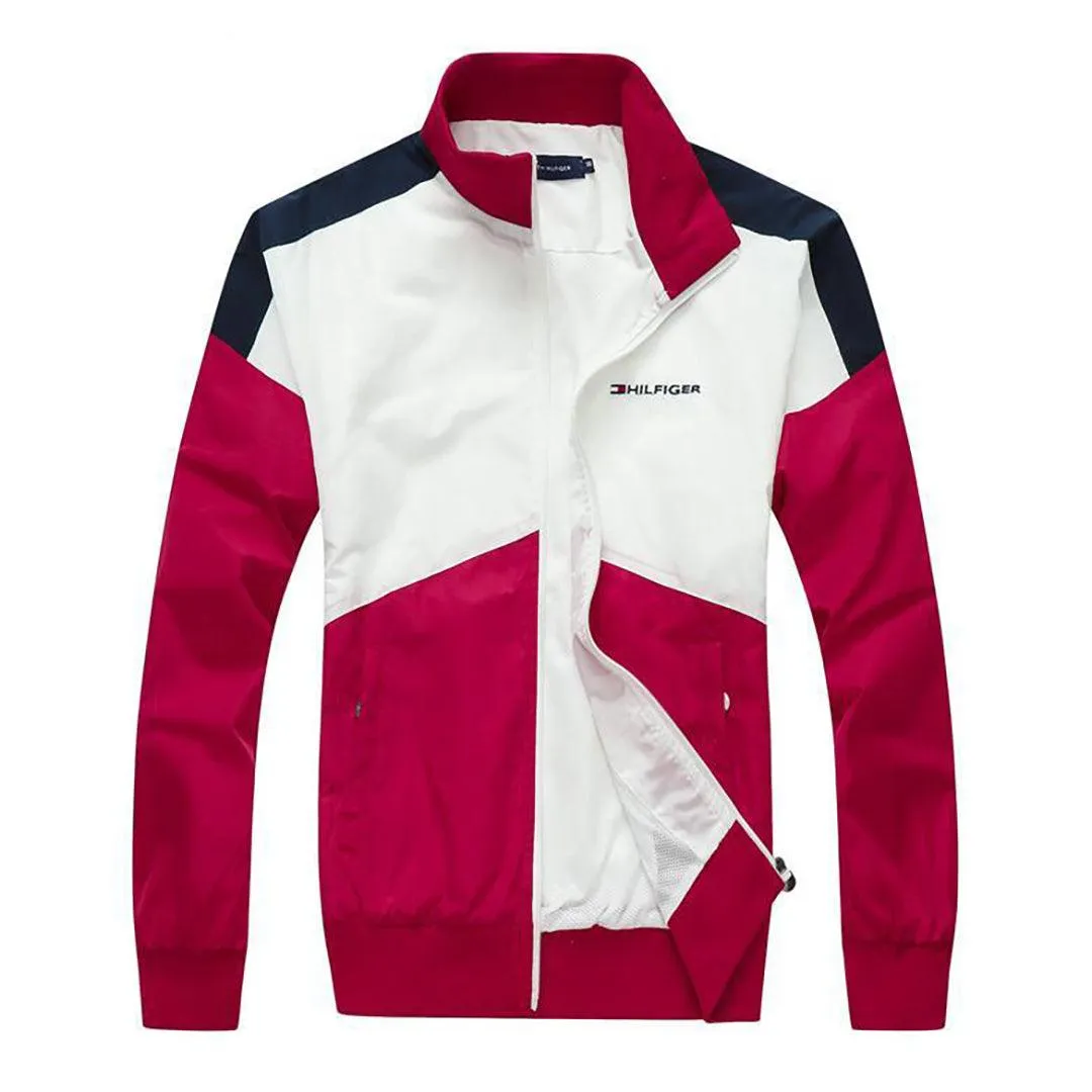 Tom Pop Over Windbreaker Zip Down Jacket-White Red