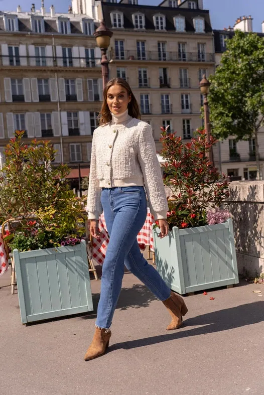 Tweed Cropped Sequin Crew Neck Jacket Off-white