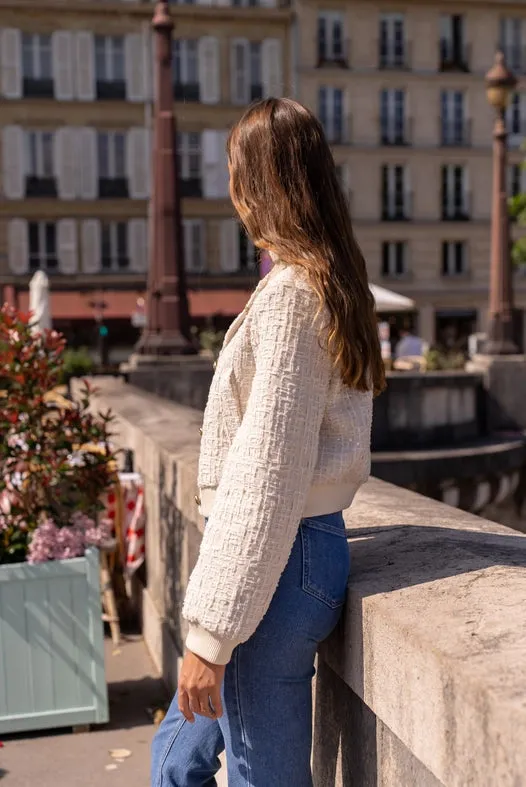 Tweed Cropped Sequin Crew Neck Jacket Off-white