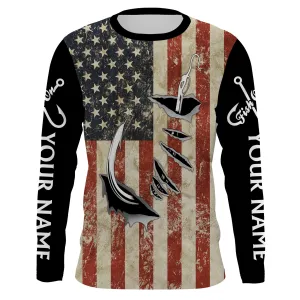 US Fishing 3D Fish Hook American Flag Patriotic Fish On Customize Long Sleeves Fishing Apparel