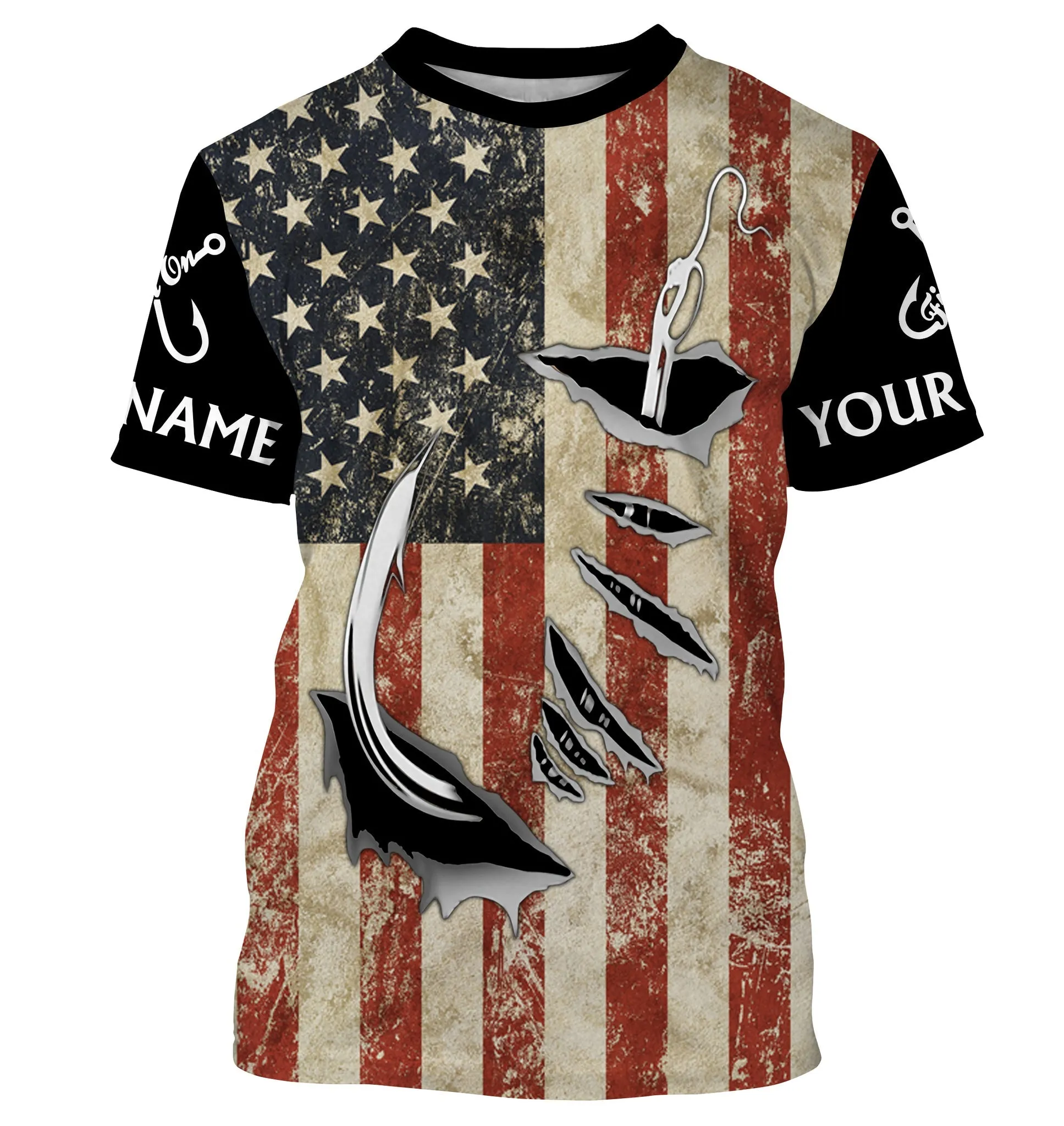 US Fishing 3D Fish Hook American Flag Patriotic Fish On Customize Long Sleeves Fishing Apparel